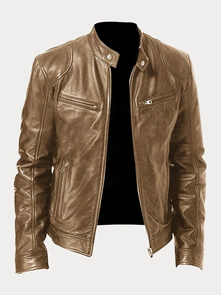 Men's leather biker jacket with stand collar, long sleeves and zipped pockets