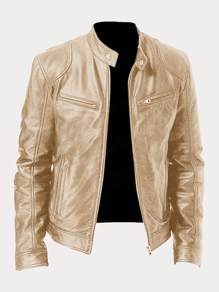 Men's leather biker jacket with stand collar, long sleeves and zipped pockets