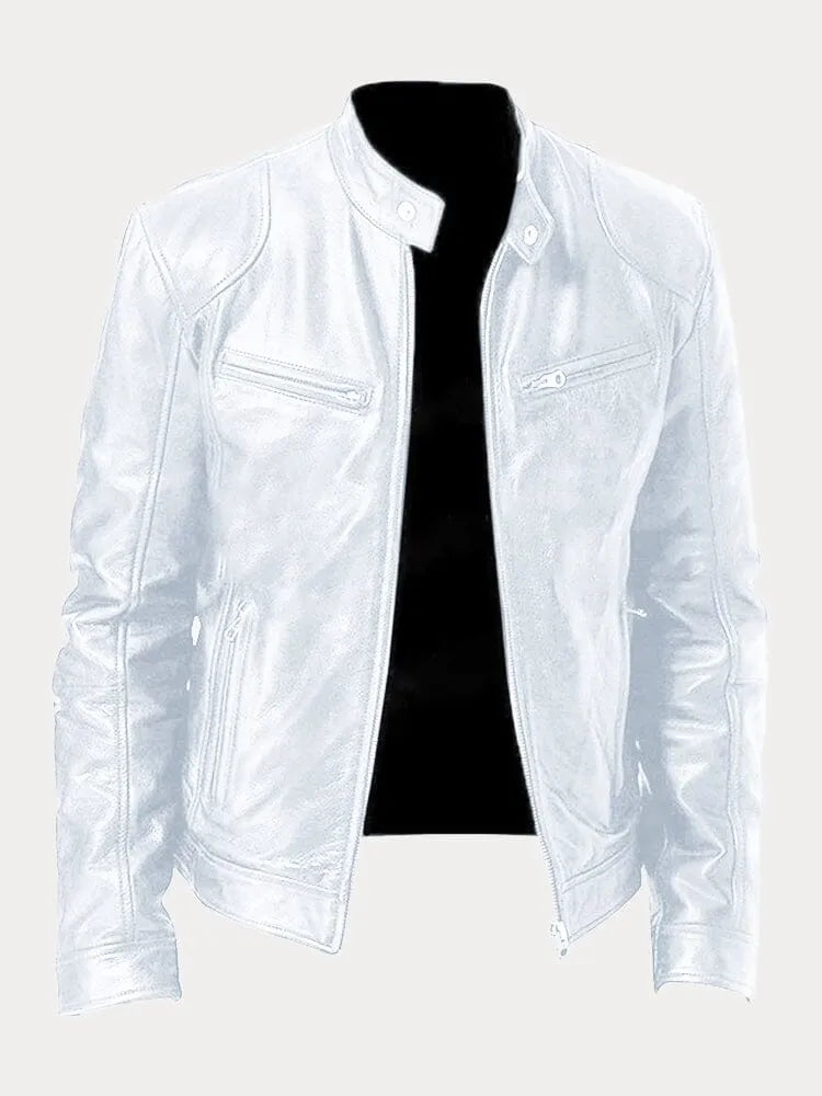 Men's leather biker jacket with stand collar, long sleeves and zipped pockets