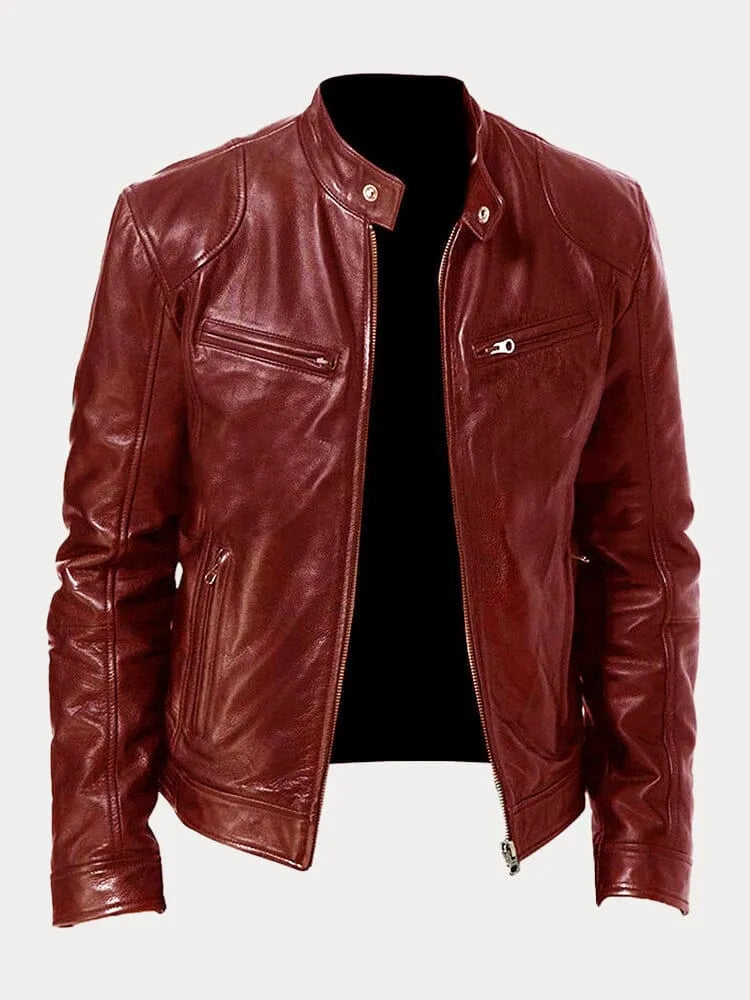 Men's leather biker jacket with stand collar, long sleeves and zipped pockets