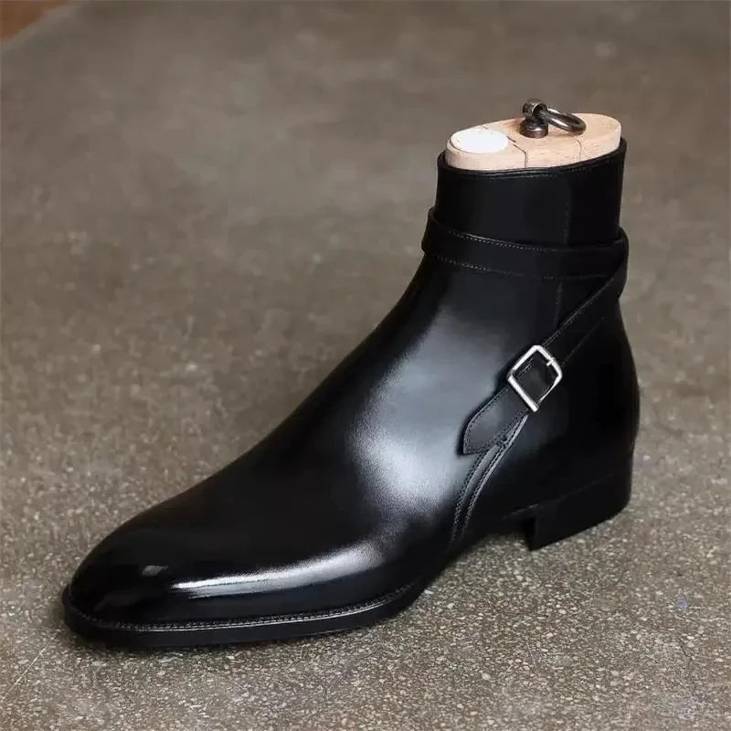 Men's ankle boots with square toe and side buckle strap