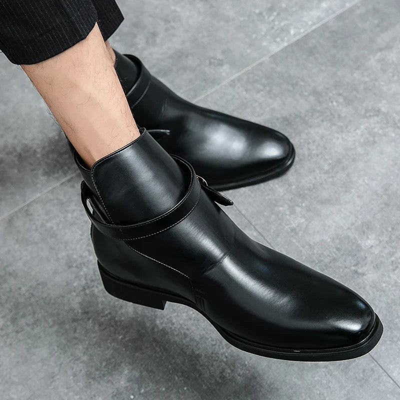 Men's ankle boots with square toe and side buckle strap
