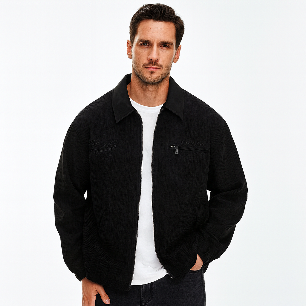 Men's ribbed corduroy zip jacket with contrasting collar and pockets