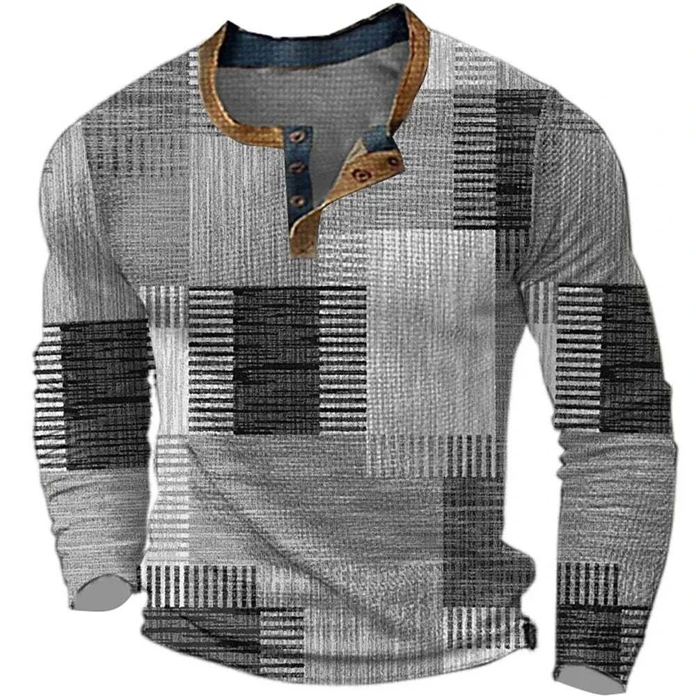 Men's long-sleeve geometric patchwork shirt with mandarin collar and button placket