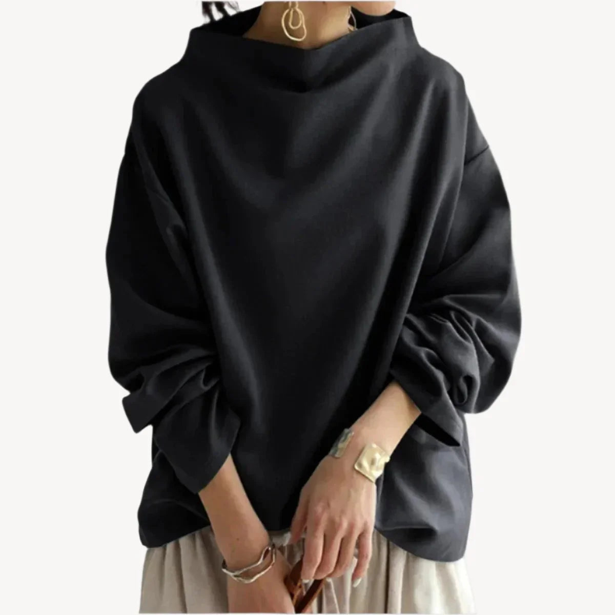Women's black oversized jumper with mock neckline and long sleeves
