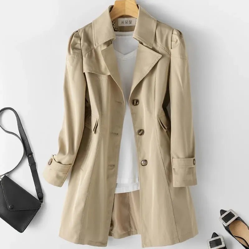 Women's double-breasted trench coat with notched collar and long sleeves