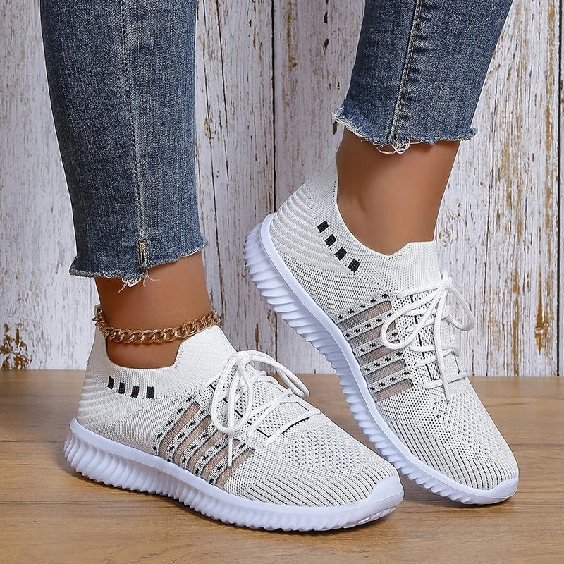 Women's Knit Trainers Lace-Up Mesh Breathable - White