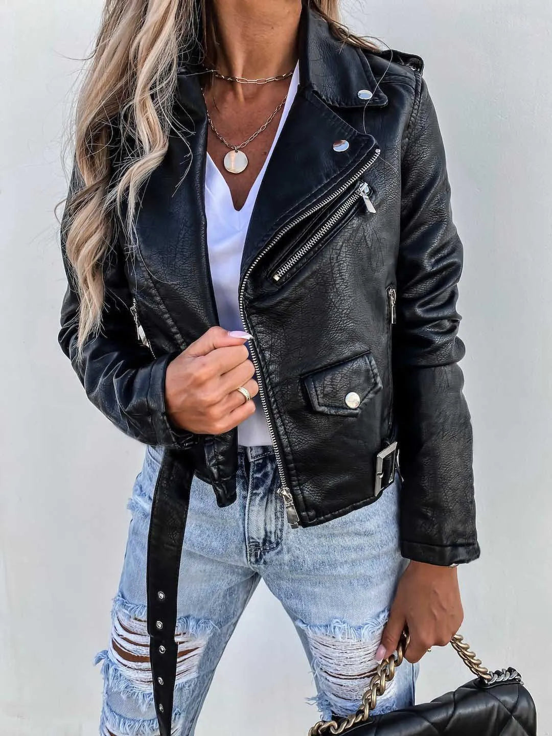 Women's cropped biker jacket with asymmetric zip, long sleeves and belted waist