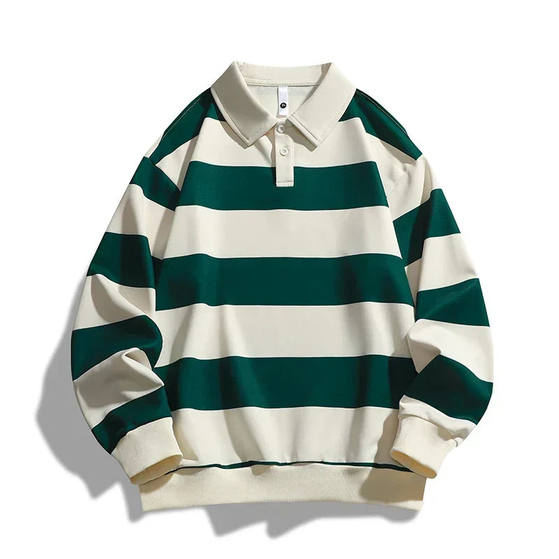 Long-sleeve striped polo jumper with collar, button placket and ribbed trims