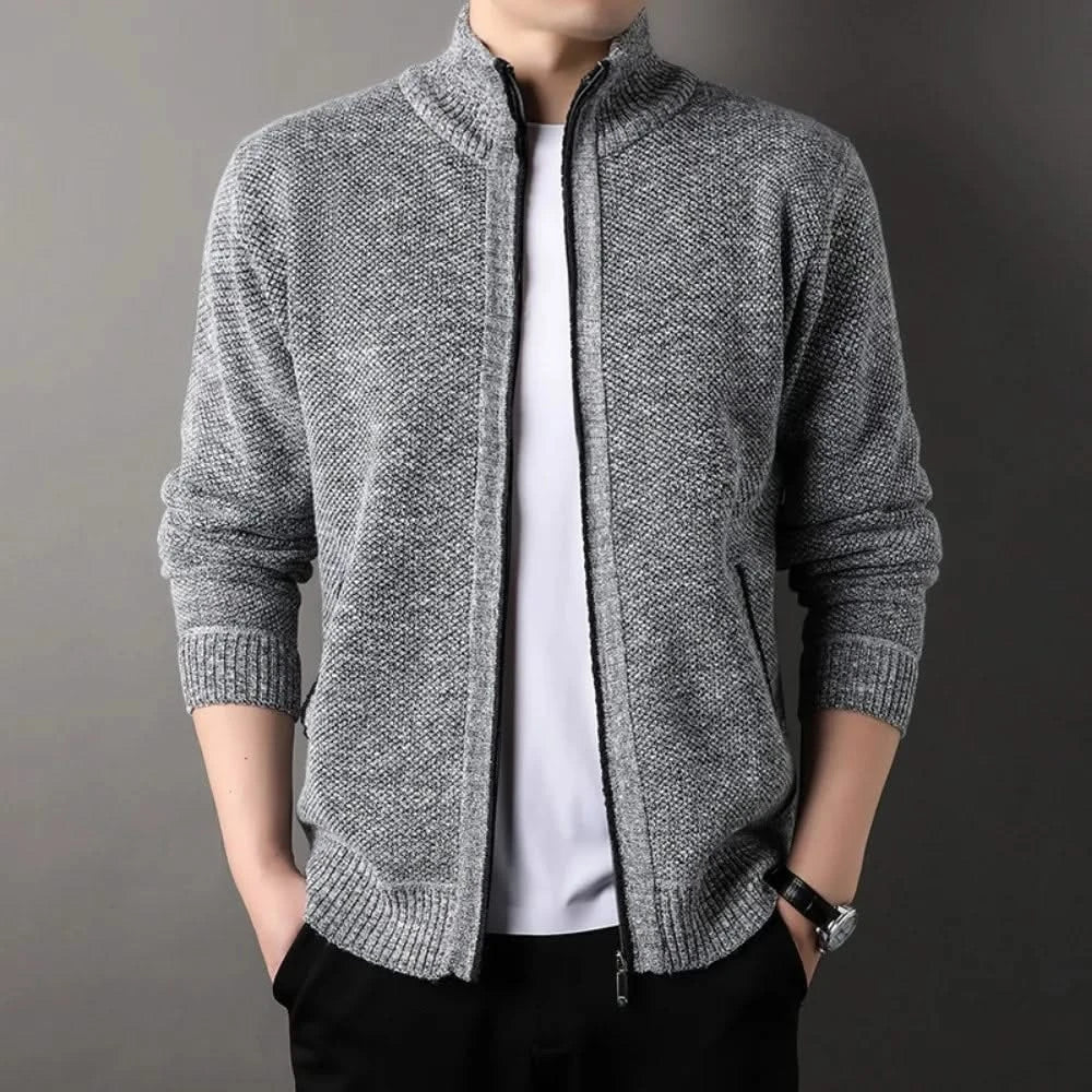 Men's textured knit jacket with mock neck, zip front and side pockets