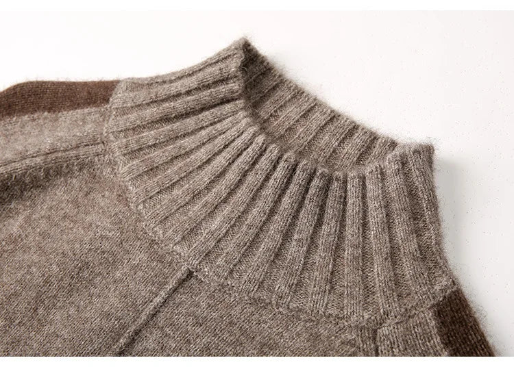 Women's long-sleeved turtleneck sweater mini dress with ribbed cuffs and hem
