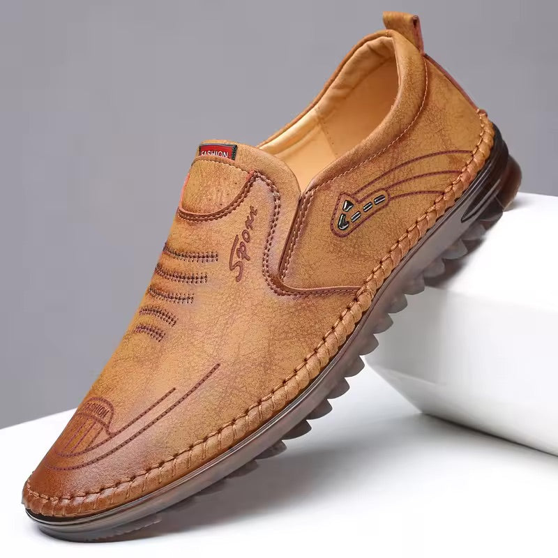 Men's Leather Loafers Slip-On Stitched Detail - Brown