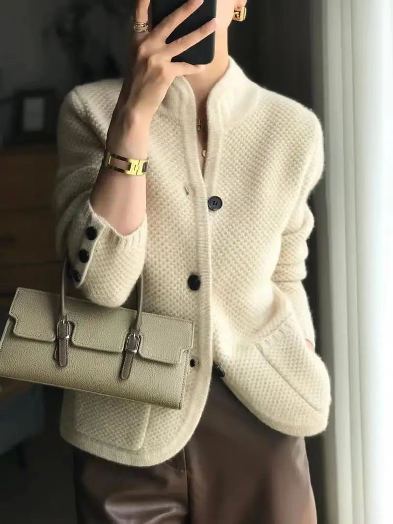 Women's textured knit jacket with stand collar, buttons and patch pockets