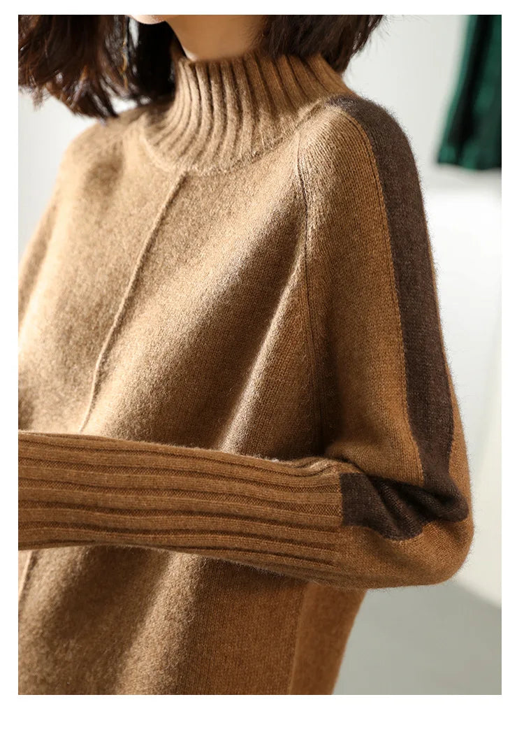 Women's long-sleeved turtleneck sweater mini dress with ribbed cuffs and hem