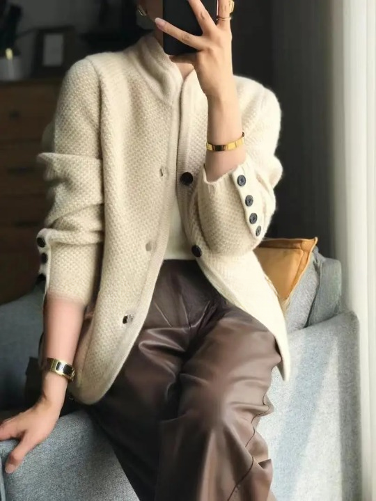 Women's textured knit jacket with stand collar, buttons and patch pockets