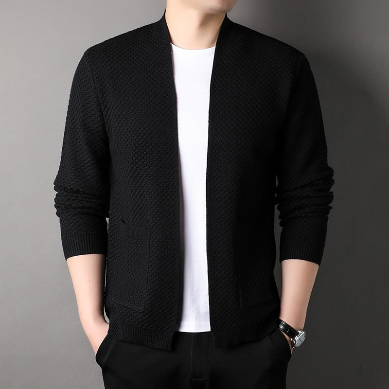 Men's textured knit cardigan with open front, long sleeves and front pockets