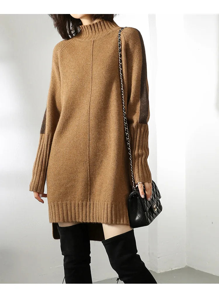 Women's long-sleeved turtleneck sweater mini dress with ribbed cuffs and hem