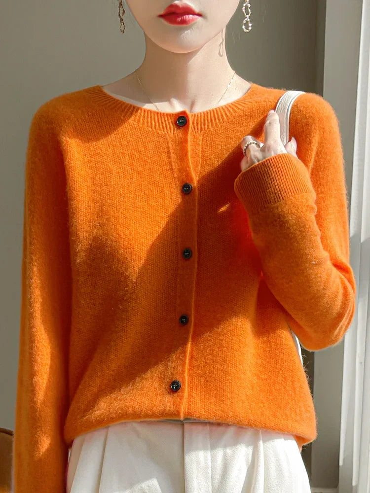 Women's long-sleeve button-front cardigan with crew neckline