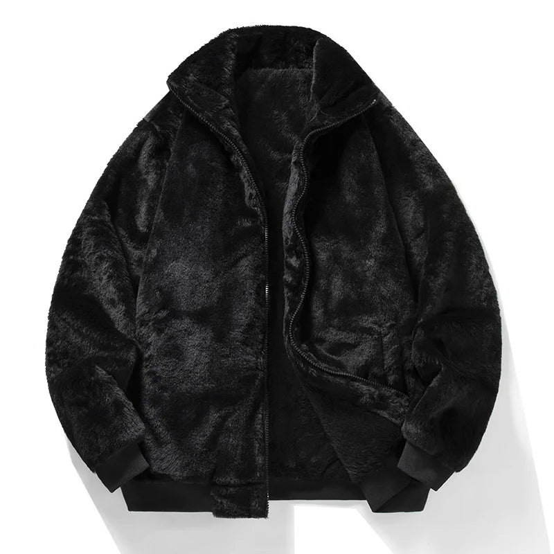 Men's Faux Fur Bomber Jacket Zip-Up - Black
