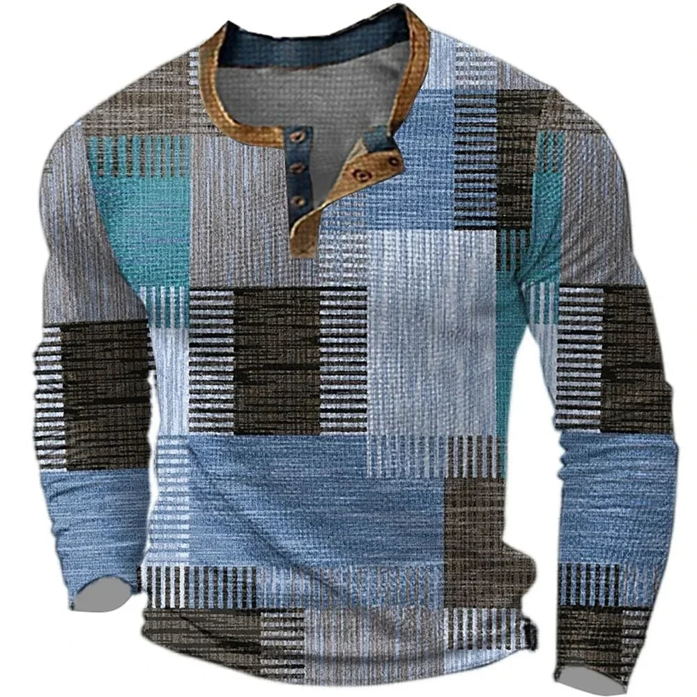Men's long-sleeve geometric patchwork shirt with mandarin collar and button placket