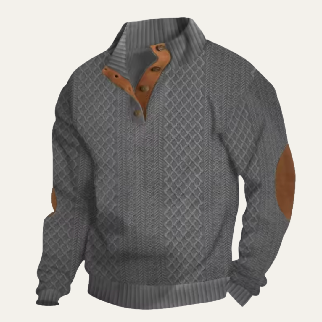 Men's textured mock neck sweater with button placket and contrasting elbow patches