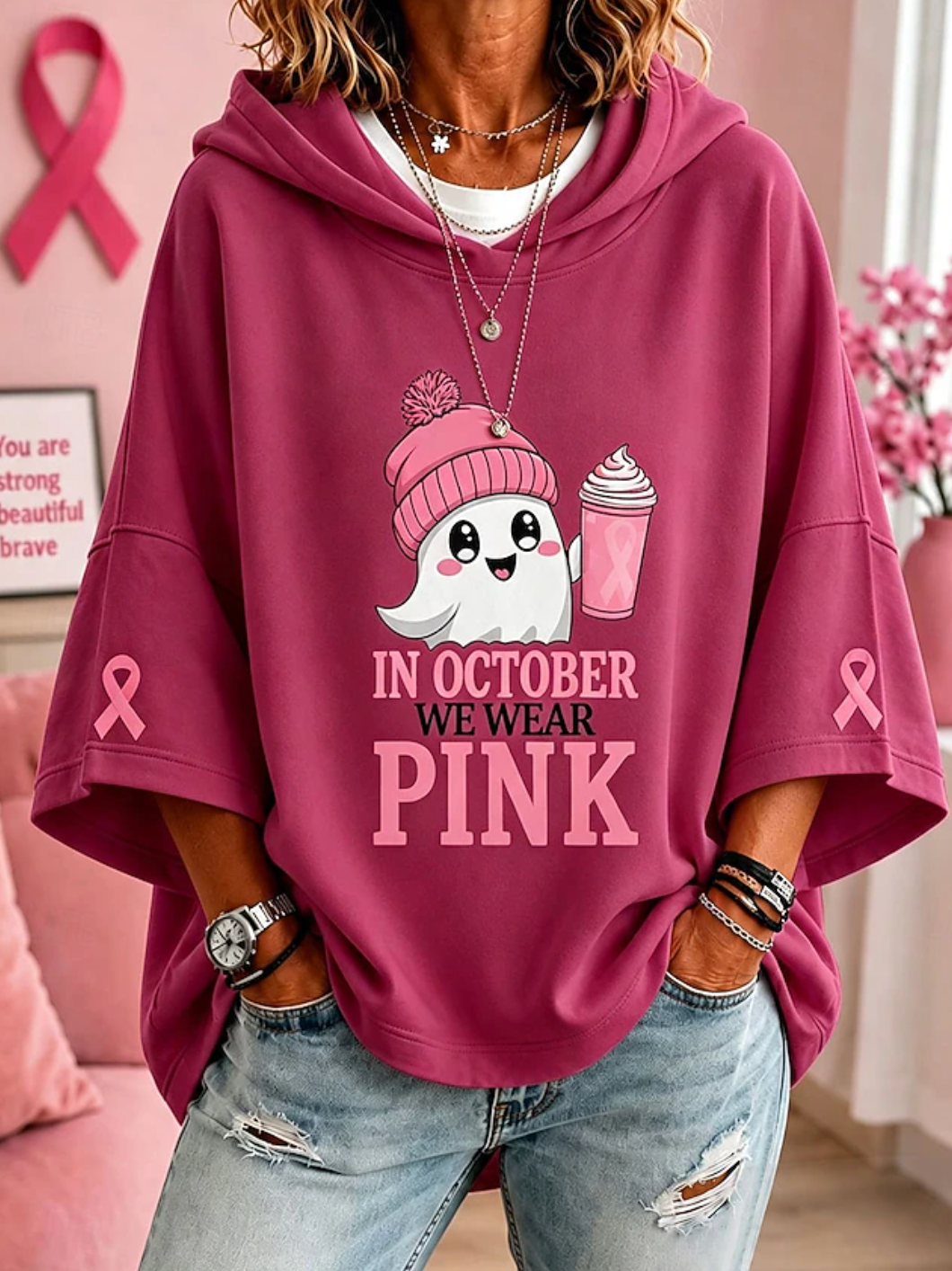 Women's short-sleeve hooded sweatshirt with October pink ribbon graphic