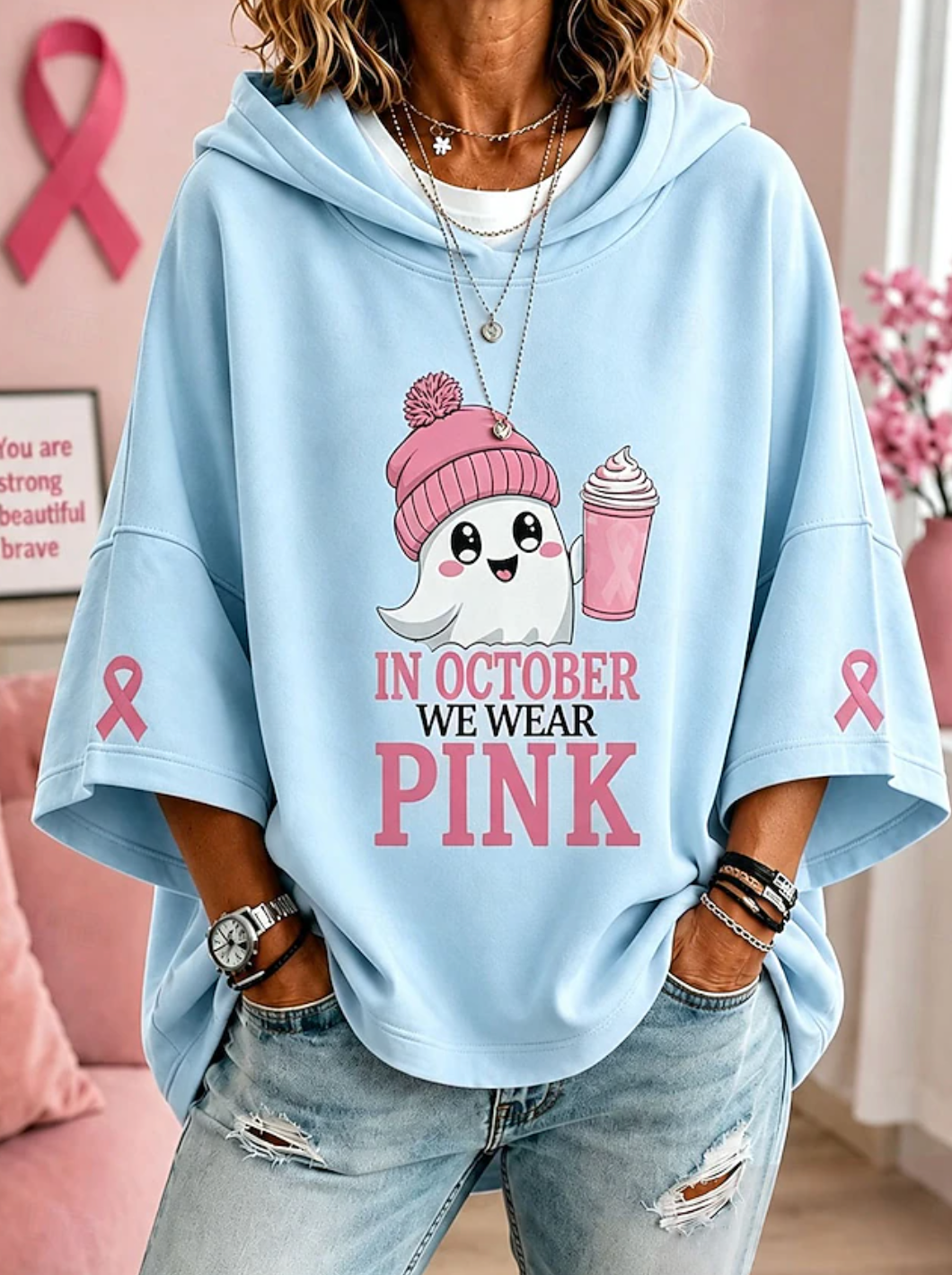 Women's short-sleeve hooded sweatshirt with October pink ribbon graphic