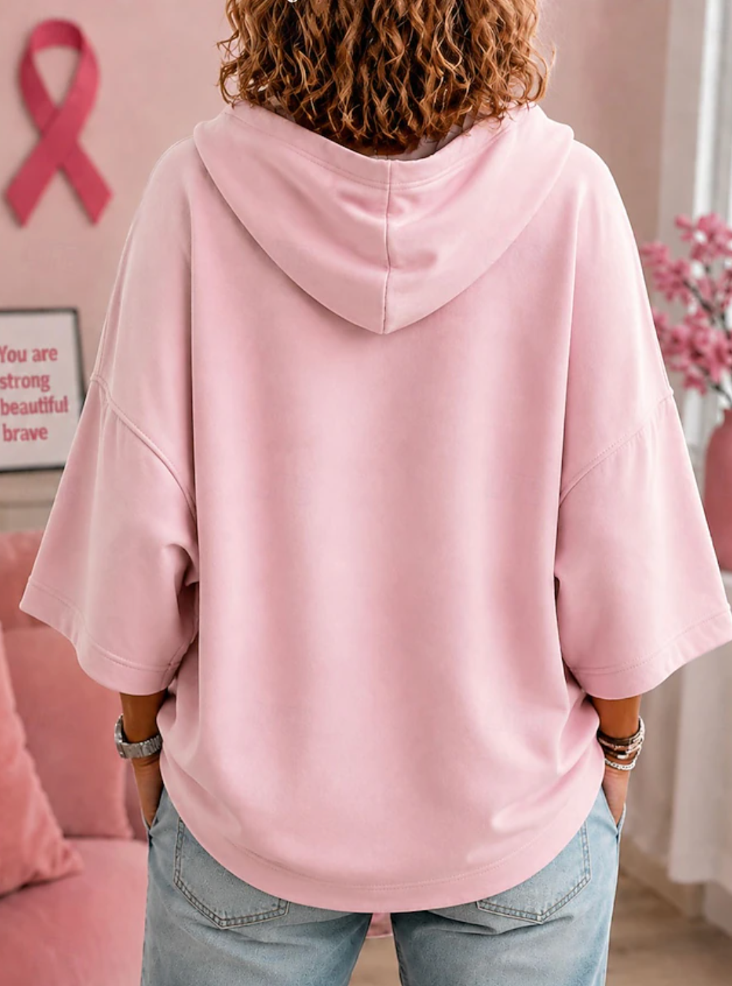 Women's short-sleeve hooded sweatshirt with October pink ribbon graphic