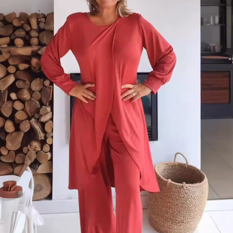 Women's two-piece lounge set with long-sleeve layered top and wide-leg trousers