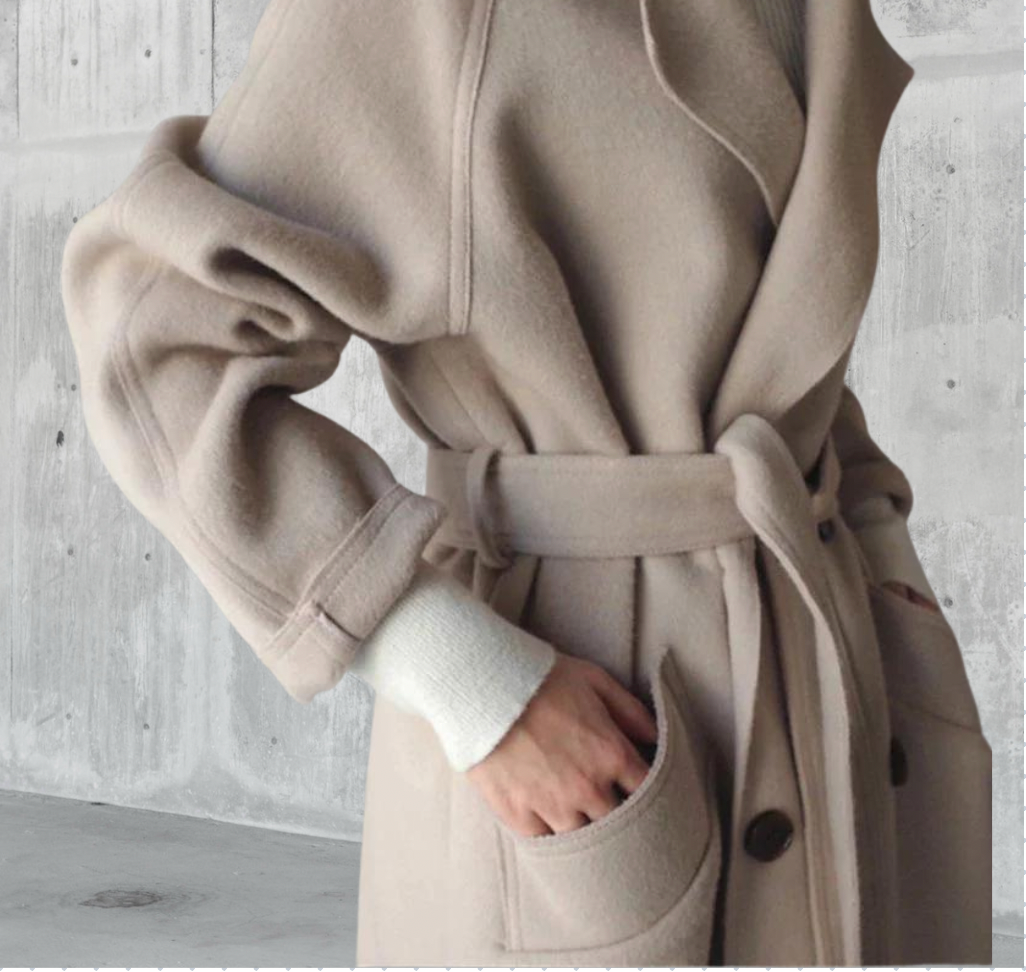 Women's long plain tailored coat with lapel collar and button front