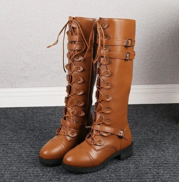 Women's tall lace-up biker boots with buckle straps and low block heels