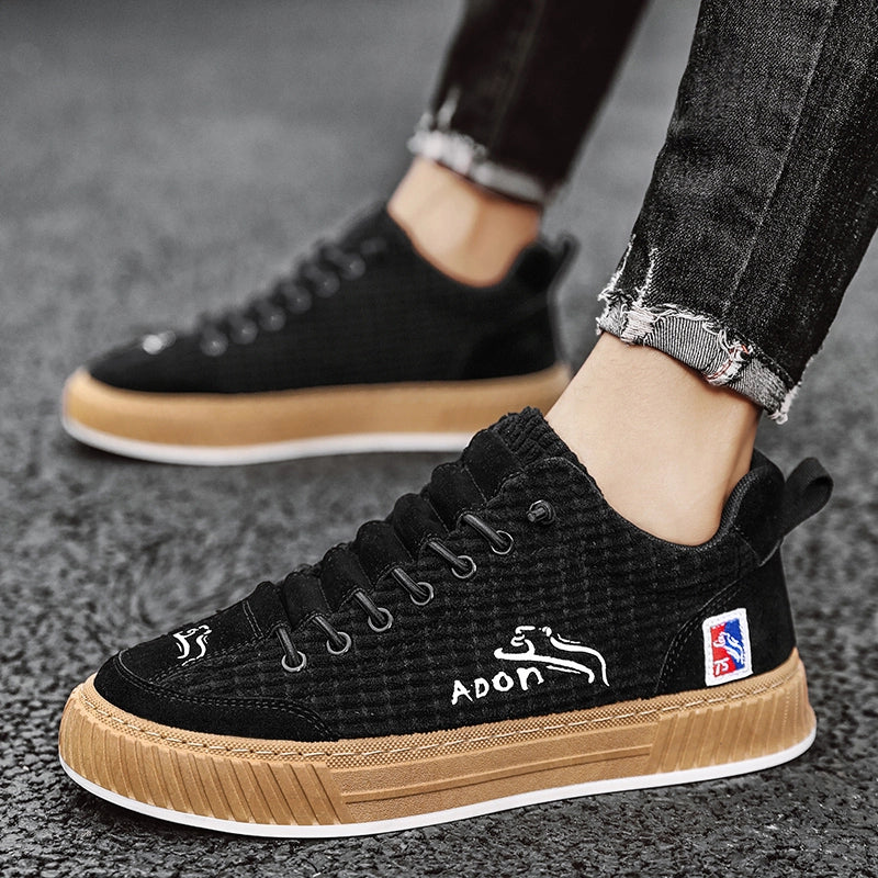 Men's Canvas Trainers Quilted Low-Top Gum Sole - Black