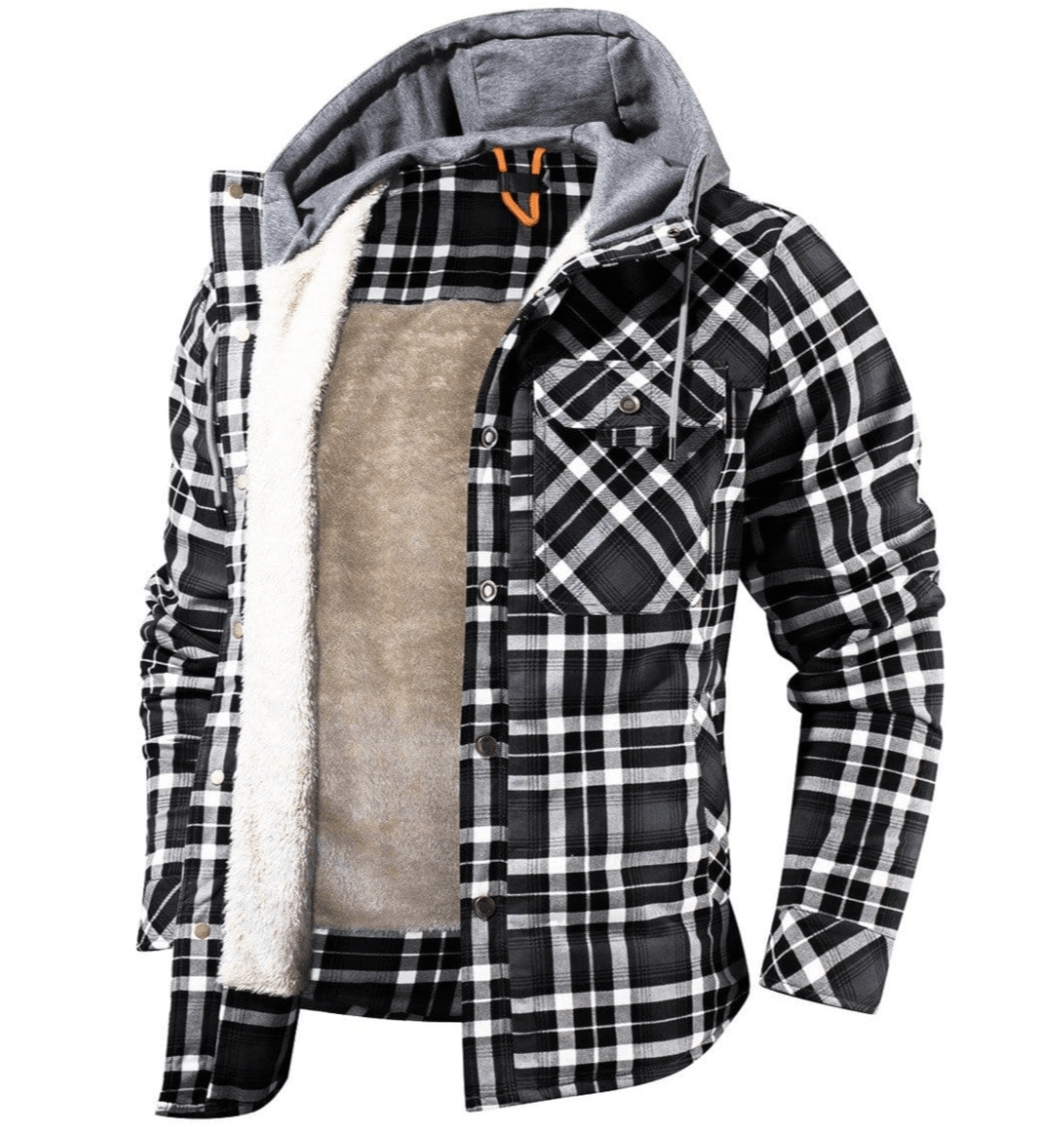 Men's checked hooded jacket with button front, chest pockets and contrasting lining