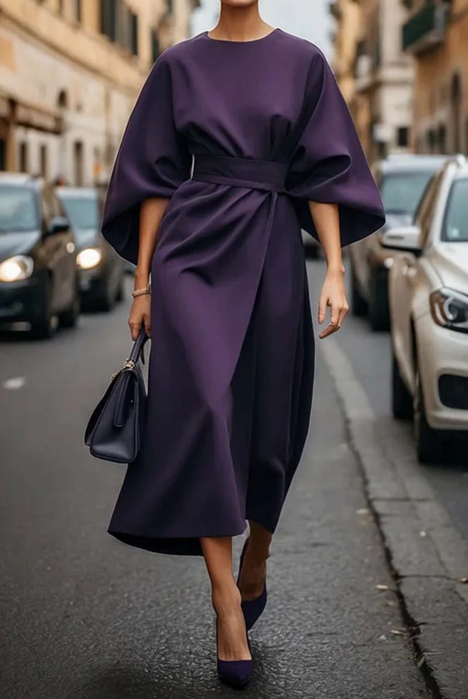 Women's Lantern Sleeve Belted Midi Dress