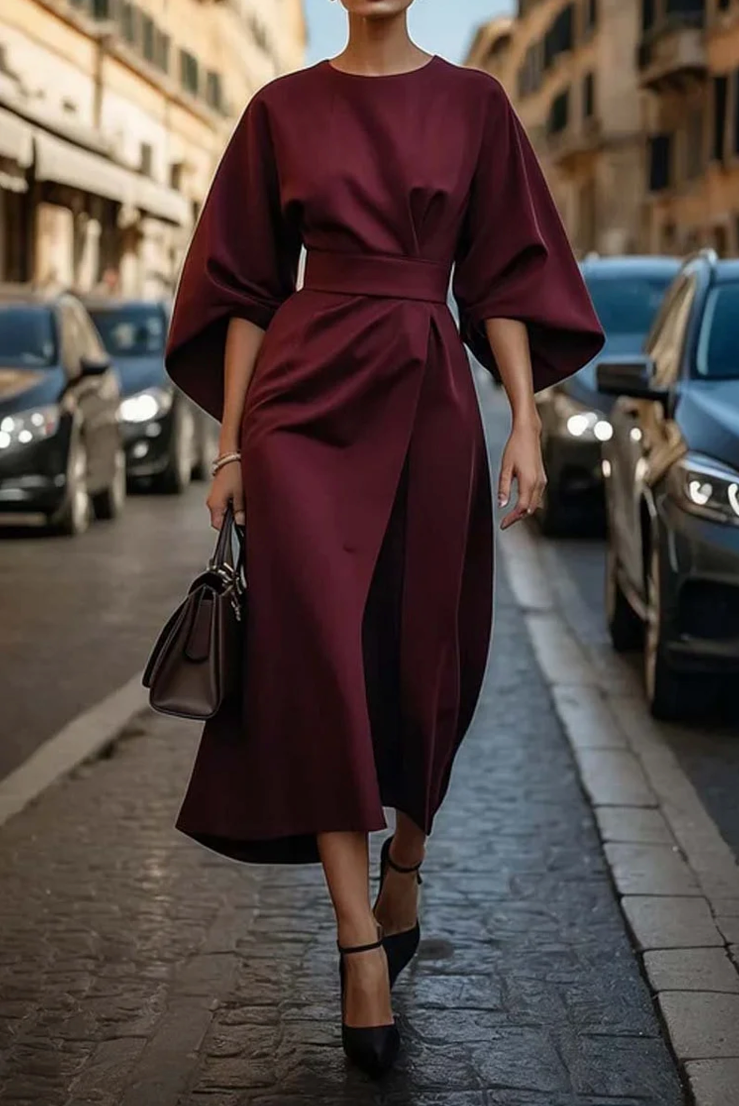 Women's Lantern Sleeve Belted Midi Dress