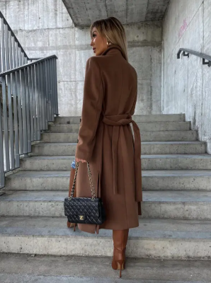 Women's longline belted double-breasted trench coat with lapel collar and long sleeves
