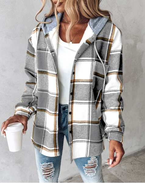 Women's checked hooded shirt jacket with button front and long sleeves