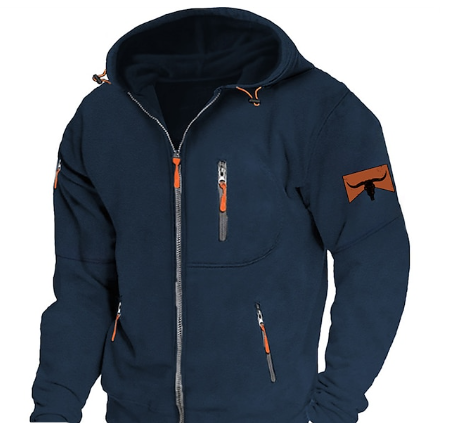 Men's full-zip hooded sweatshirt with zipped pockets and orange zip pulls