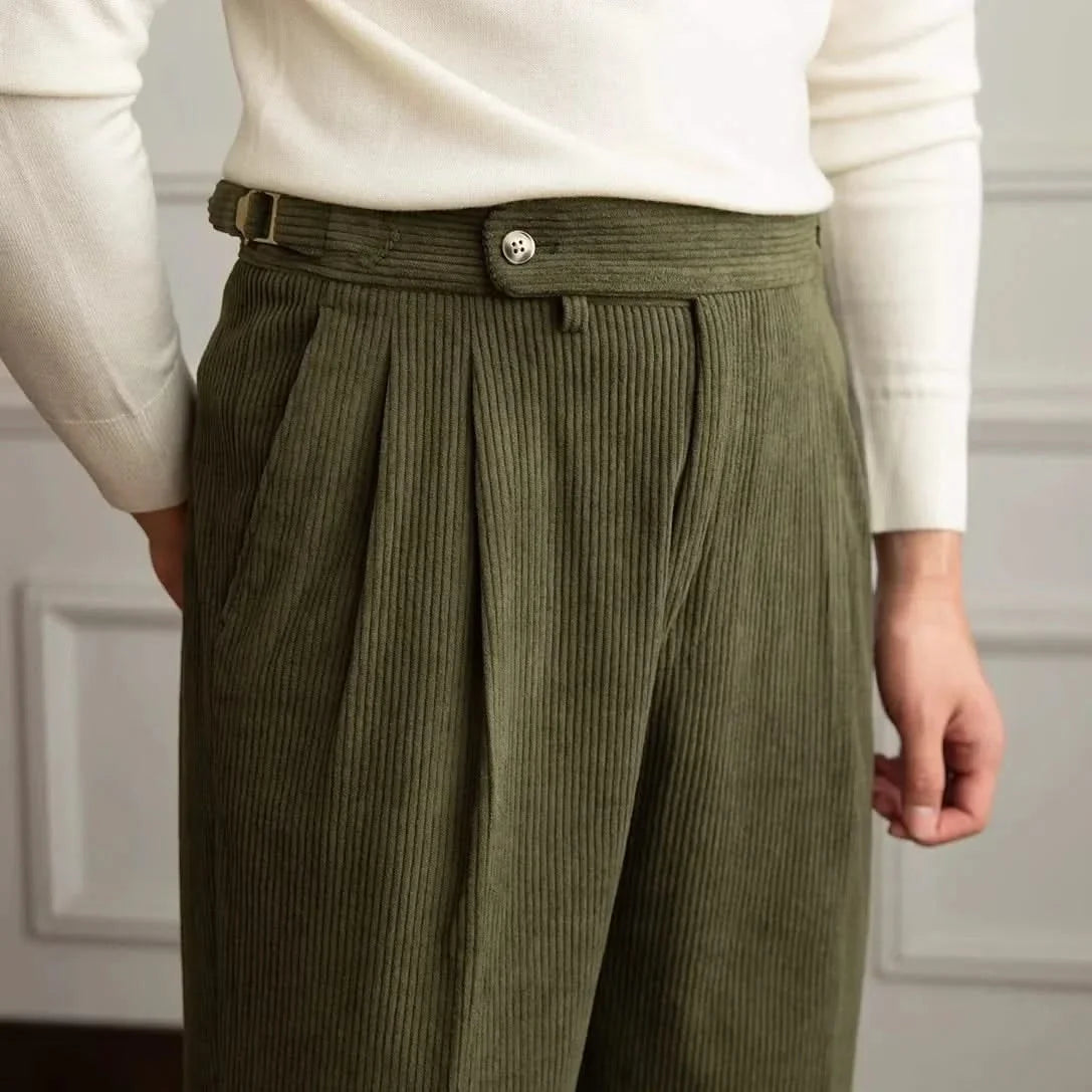 Women's wide-leg corduroy trousers with front pleats and button waistband