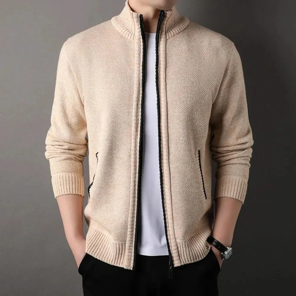 Men's textured knit jacket with mock neck, zip front and side pockets