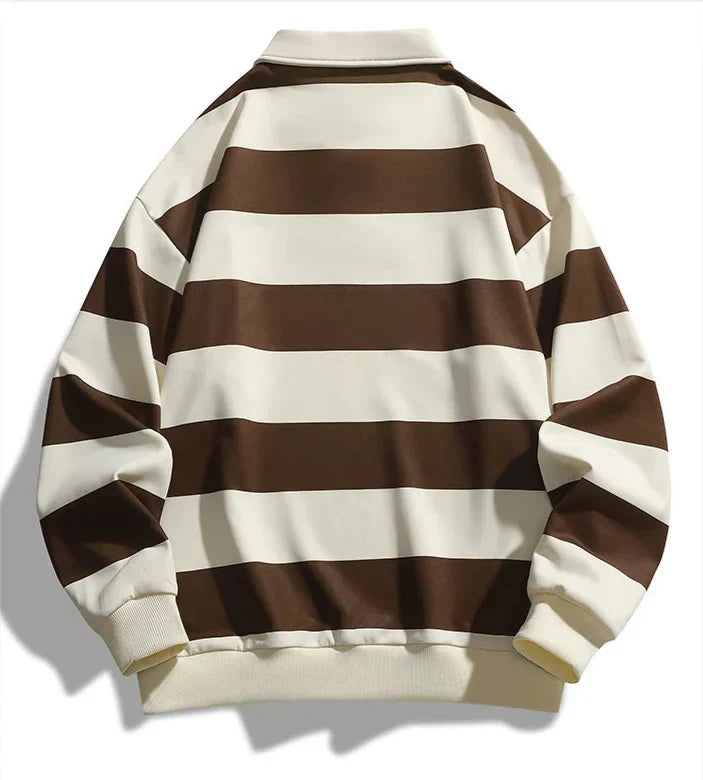Long-sleeve striped polo jumper with collar, button placket and ribbed trims
