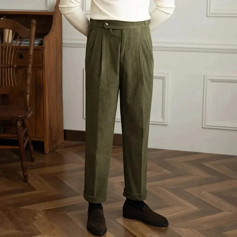 Women's wide-leg corduroy trousers with front pleats and button waistband