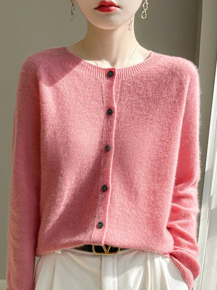 Women's long-sleeve button-front cardigan with crew neckline