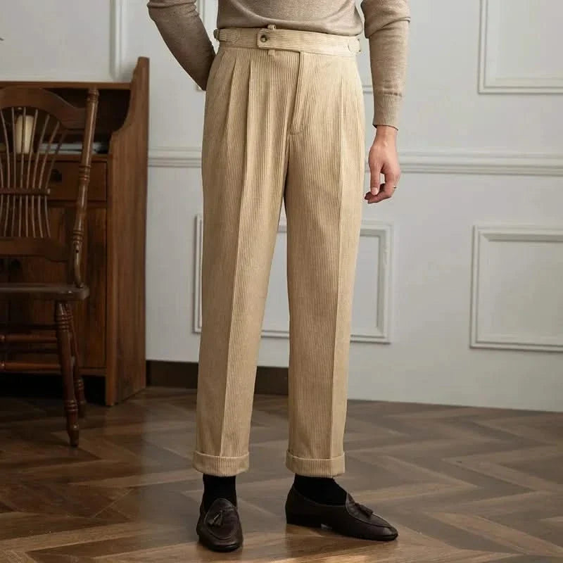 Women's wide-leg corduroy trousers with front pleats and button waistband