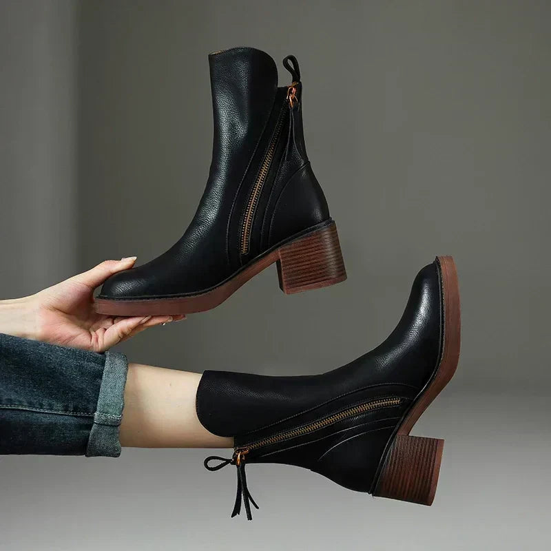 Women's solid ankle boots with side zips and stacked block heels