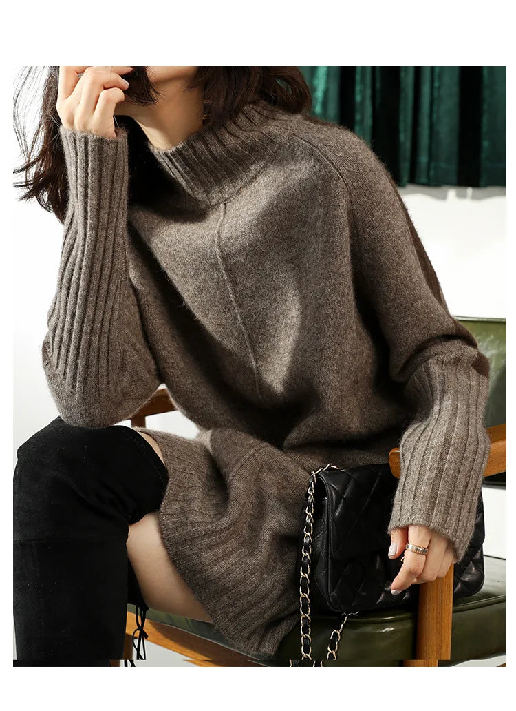 Women's long-sleeved turtleneck sweater mini dress with ribbed cuffs and hem