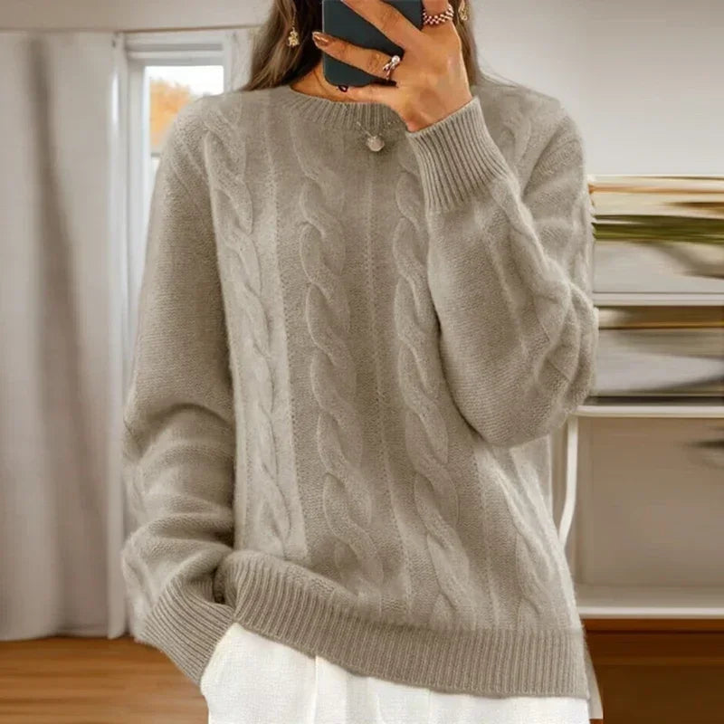 Women's cable knit jumper with crew neckline and ribbed trims