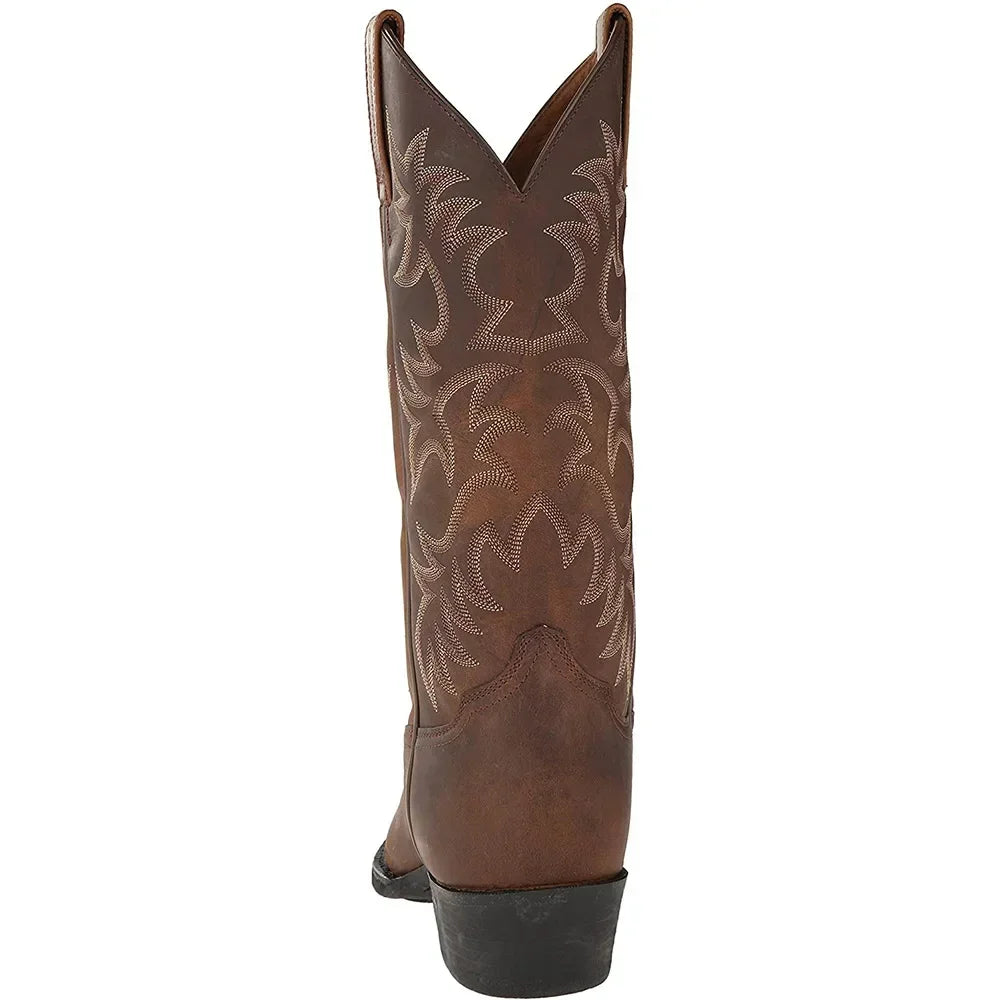 Men's tall cowboy boots with embroidered shafts, pointed toes and low heels