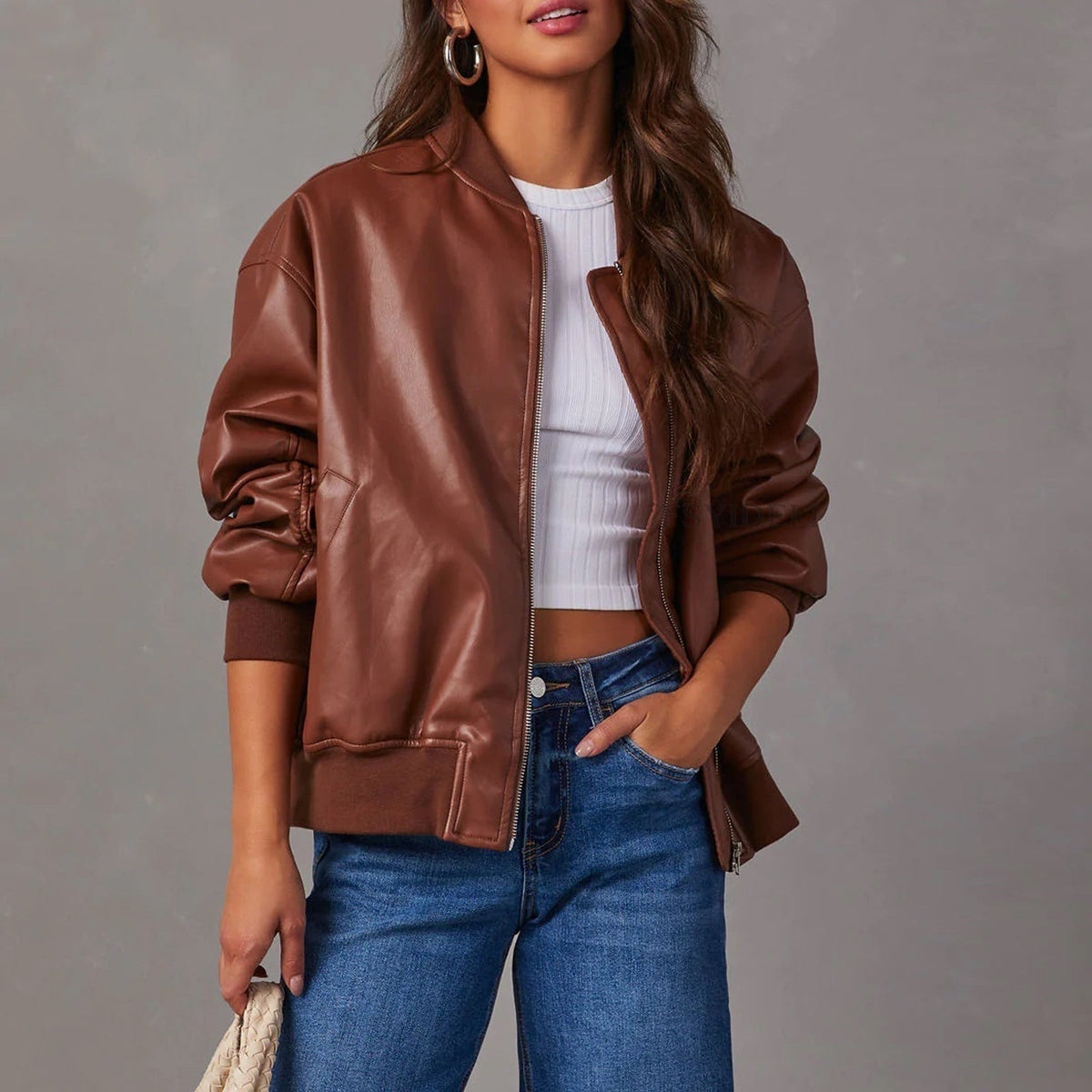 Women's bomber jacket with mock neck, zip front, ribbed trims and front pockets
