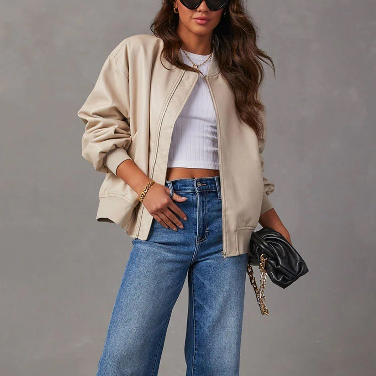 Women's bomber jacket with mock neck, zip front, ribbed trims and front pockets